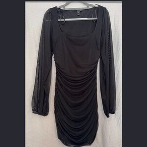Windsor Black Ruched Long-Sleeve Mesh Dress